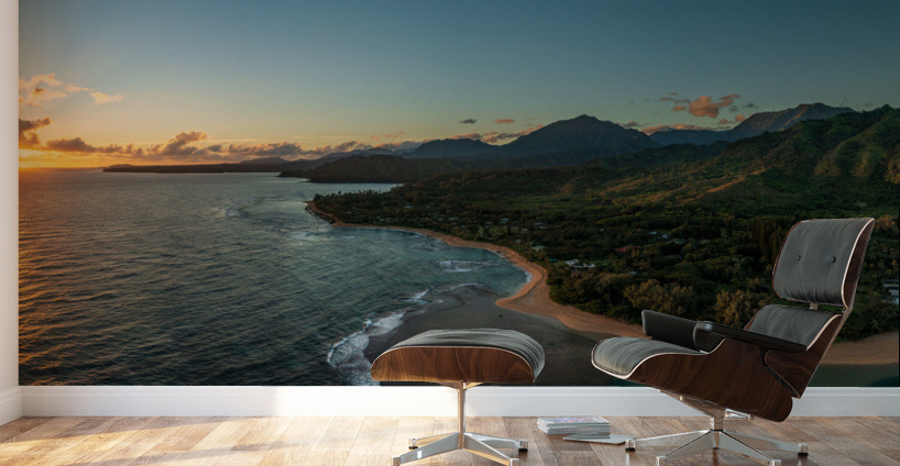 Aerial panorama of sunrise over Tunnels Beach Kauai Hawaii Wall Murals