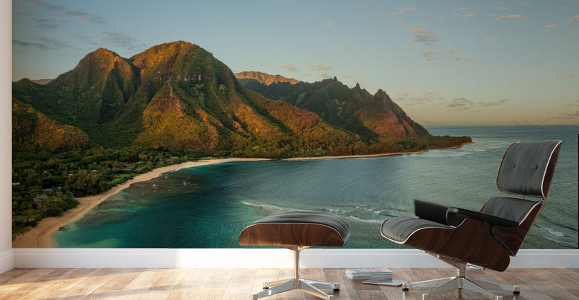 Aerial drone photo of Tunnels Beach at sunrise on Kauai in Hawaii Wall Murals