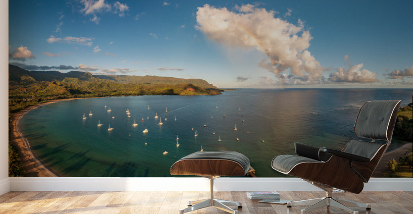 Rainbow over Hanalei bay in panorama across the ocean Wall Murals