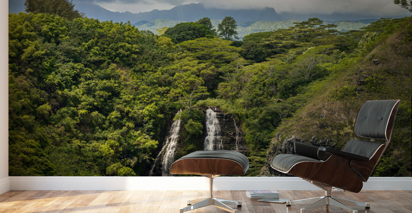 Opaekaa Falls sunlit as dark storm clouds gather over the hills Wall Murals