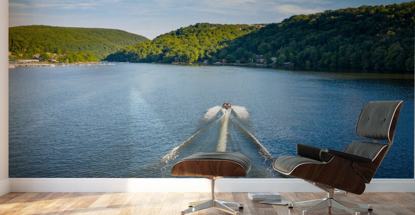 Speedboat on Cheat Lake on a summer evening with boats docked in Wall Murals