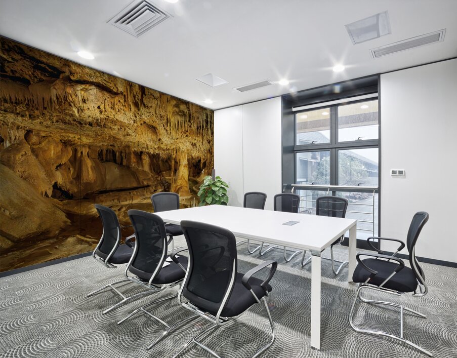 Geologic formations of stalactites and stalagmites in Texas cave Wall Printing