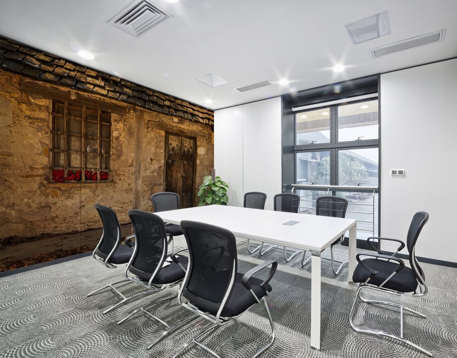 Rustic San Juan building with a barred window red flowers and a Wall Printing