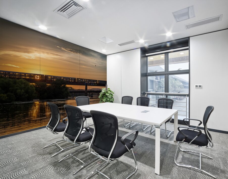 Freight train on the railroad bridge in Austin at sunset Wall Printing