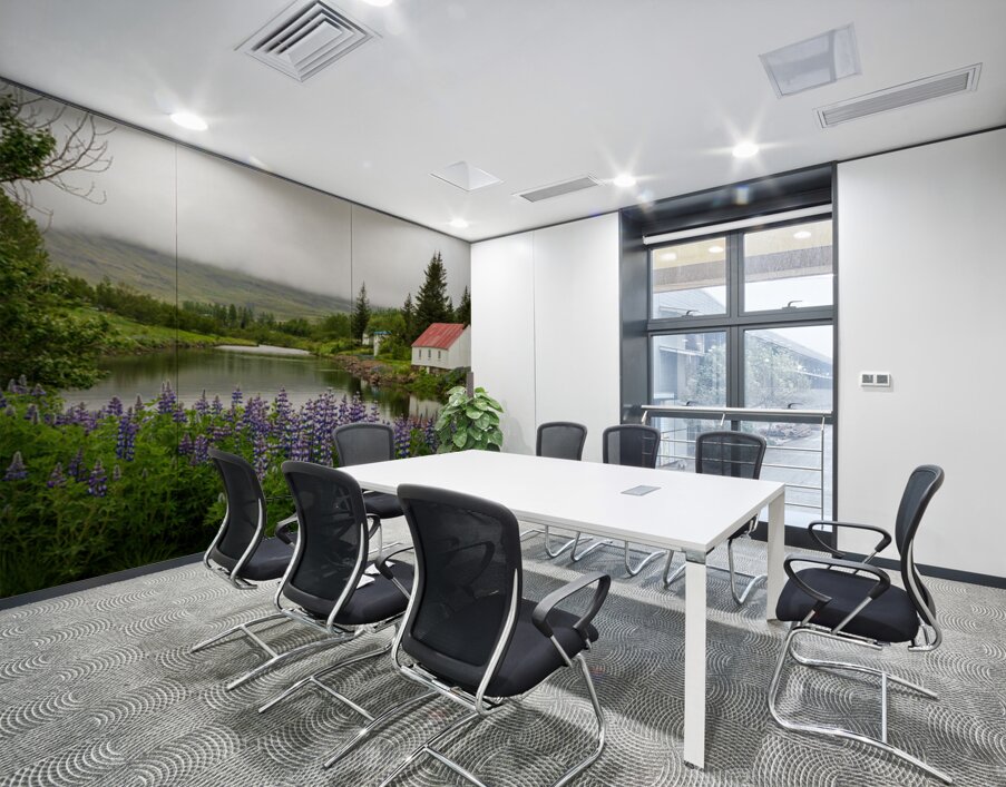 Peaceful scene in Seydisfjordur of river flowing from misty moun Wall Printing