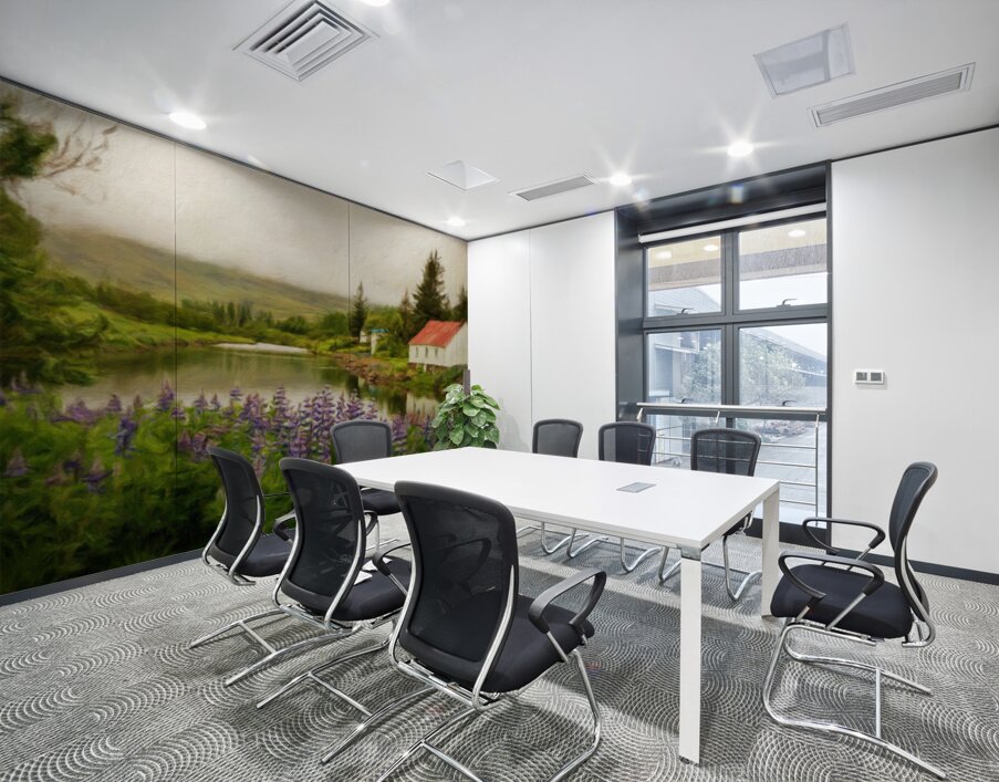 Peaceful scene in Seydisfjordur of river flowing from misty moun Wall Printing