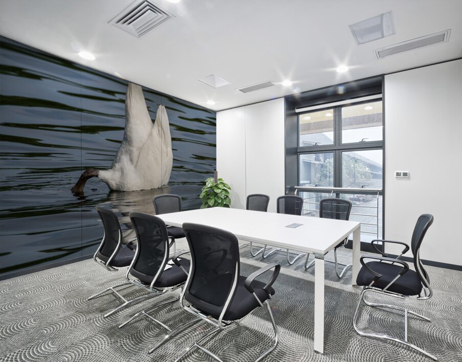 Side view of the body of a swan reaching into the water of Elles Wall Printing