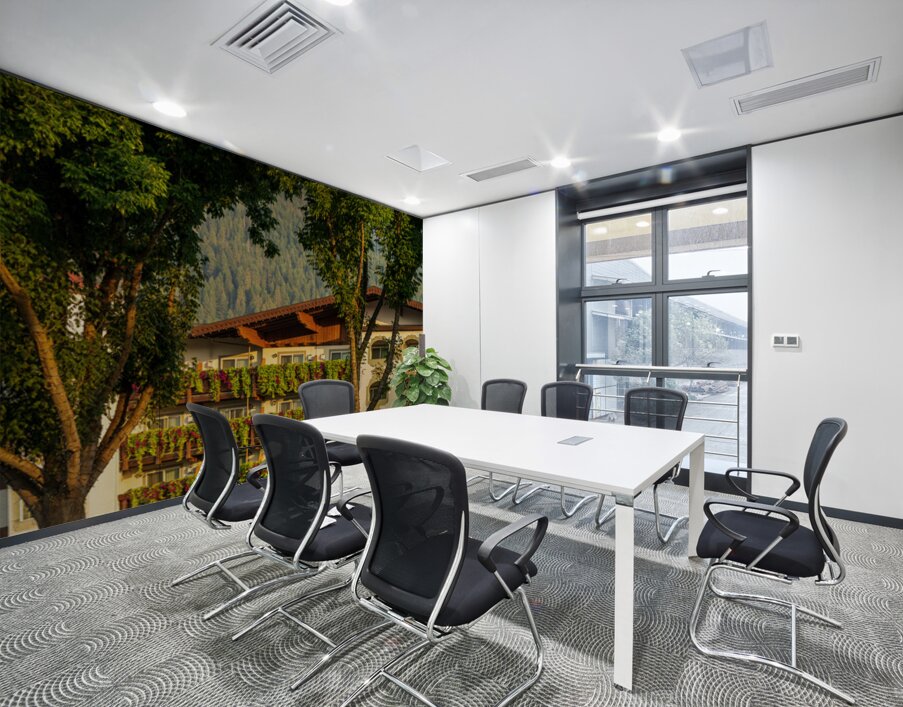 Flower strewn balconies of a hotel in Alpine village of Leavenwo Wall Printing