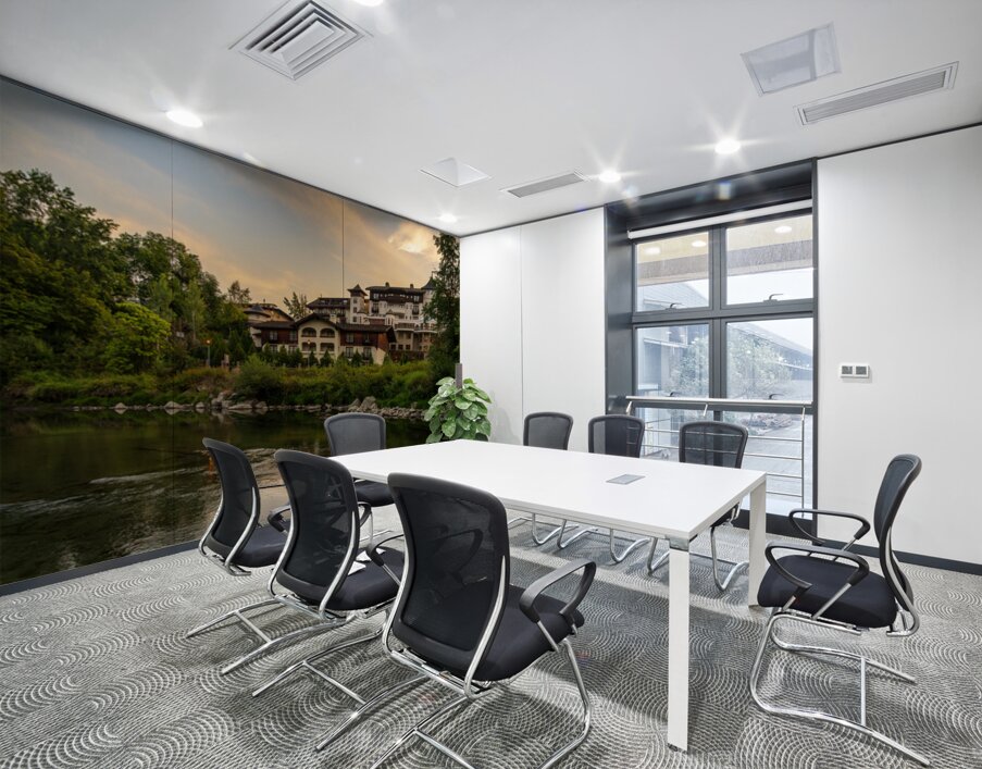 Hotel at dawn by River Wenatchee in Alpine German town of Leaven Wall Printing