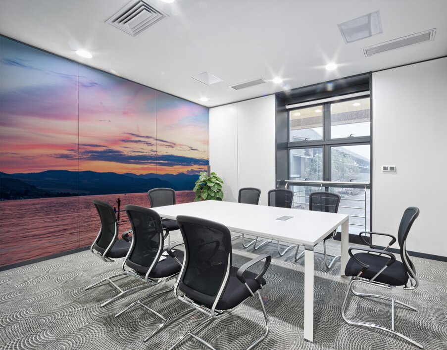 Sunset over Lake Chelan with silhouette of couple paddling on pa Wall Printing