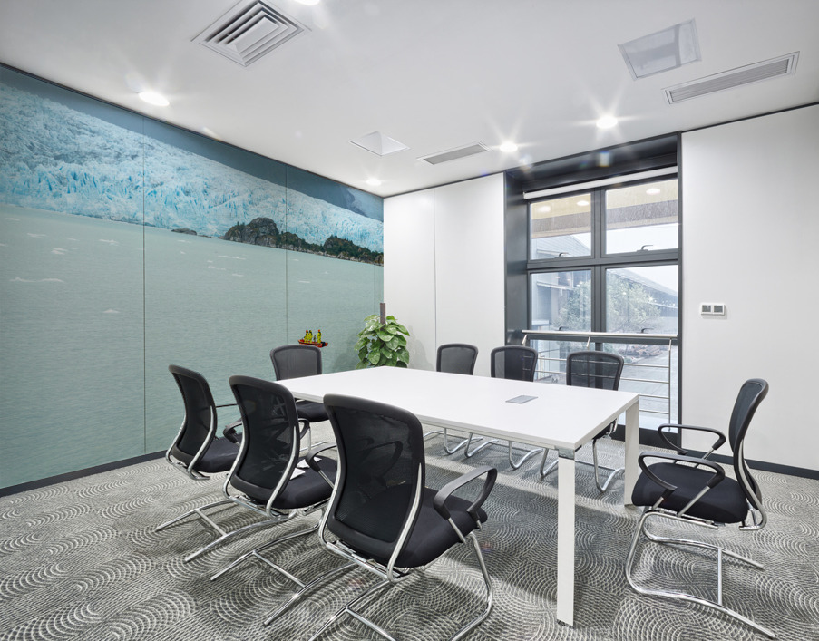 Small boat approaching Amalia Glacier to collect iceberg Wall Printing
