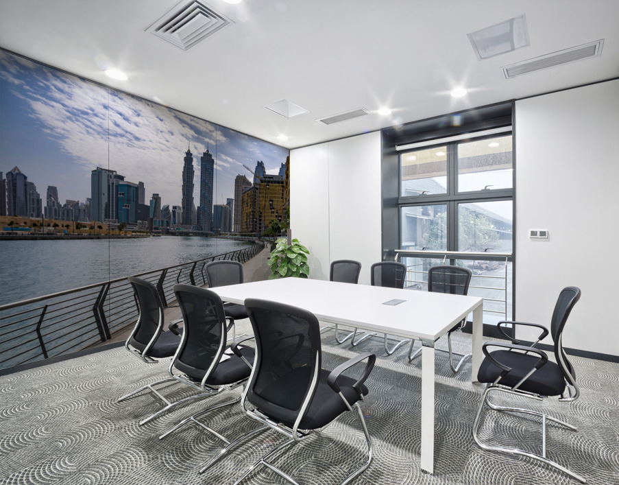 Low rise homes in front of modern apartments of Dubai Downtown d Wall Printing