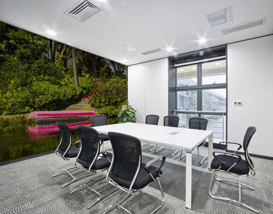 Red canoe on dock reflecting into calm lake or pond in garden Wall Printing