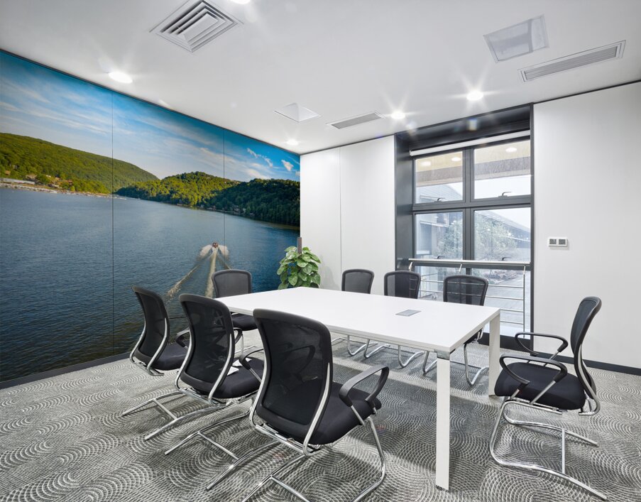 Speedboat on Cheat Lake on a summer evening with boats docked in Wall Printing