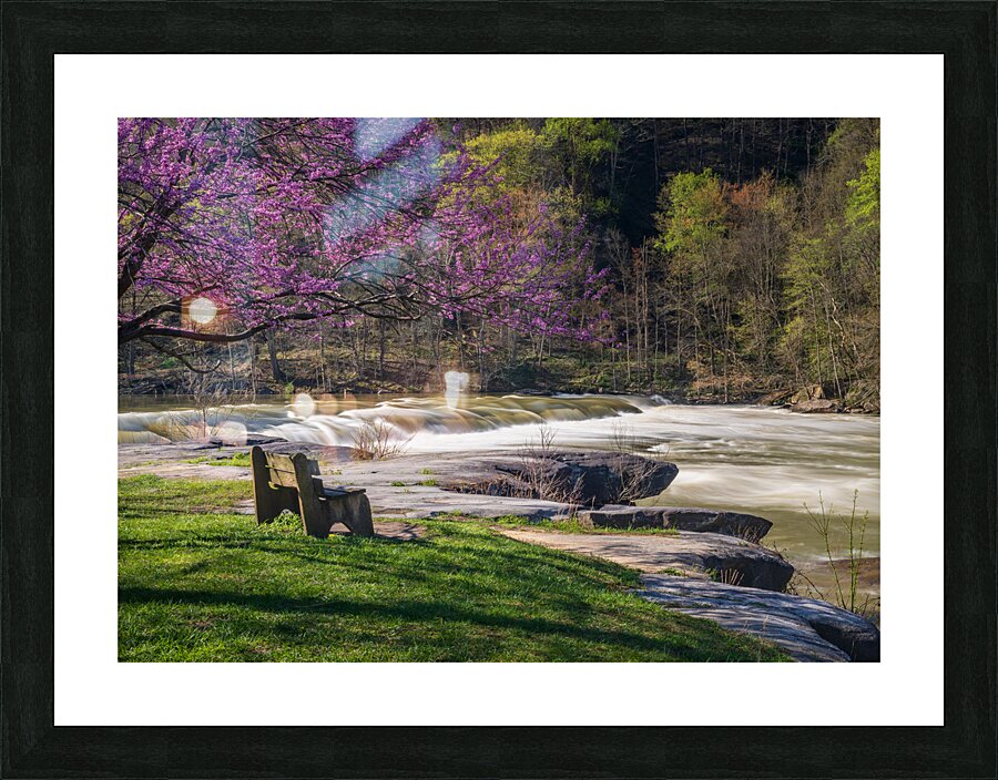 Wooden bench view of Valley Falls on spring morning  Framed Print Print