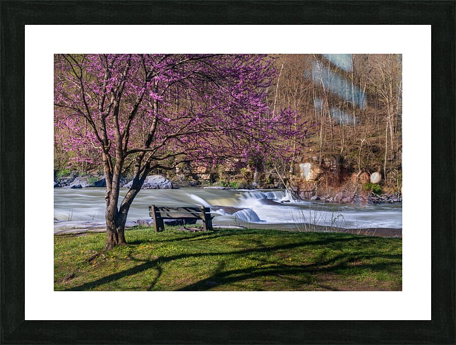 Wooden bench view of Valley Falls on spring morning  Impression encadrée