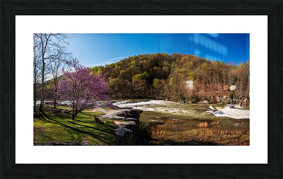 Bench view of Valley Falls on a bright spring morning  Impression encadrée