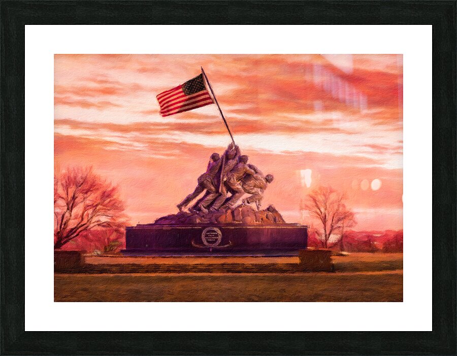 Digital painting of Iwo Jima Memorial at dawn as sun rises  Impression encadrée