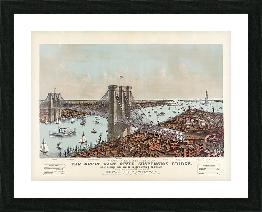 Restored 1892 engraving of Brooklyn Bridge in NYC Picture Frame print
