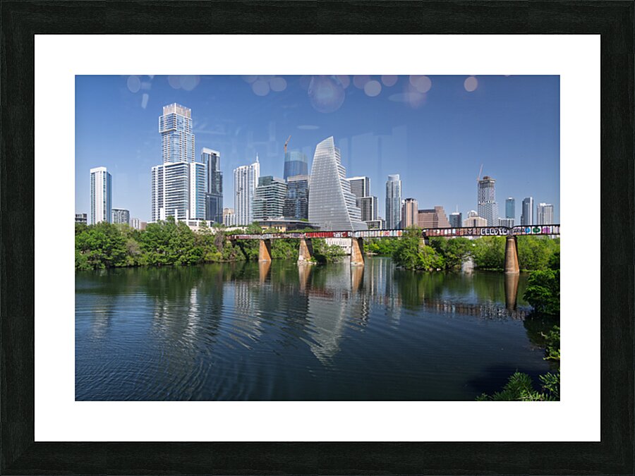 View along Colorado river of Austin Texas skyline Picture Frame print