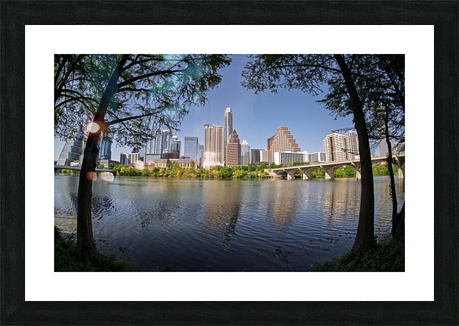 Fisheye lens view of Austin skyline including Congress bridge Picture Frame print