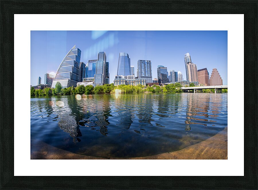 Fisheye lens view of Austin skyline including Lady Bird Lake Picture Frame print