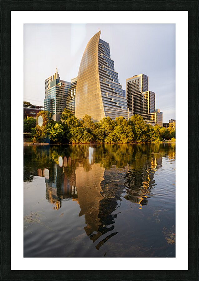 Sail building in the city skyline of Austin Texas in summer 2025 Picture Frame print