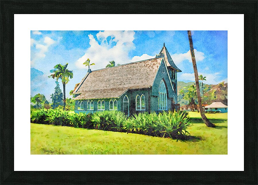 Watercolor painting of Mission or Green Church in Hanalei Kauai Impression et Cadre photo