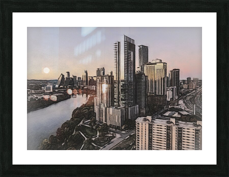 Charcoal sketch aerial Austin downtown skyline Picture Frame print