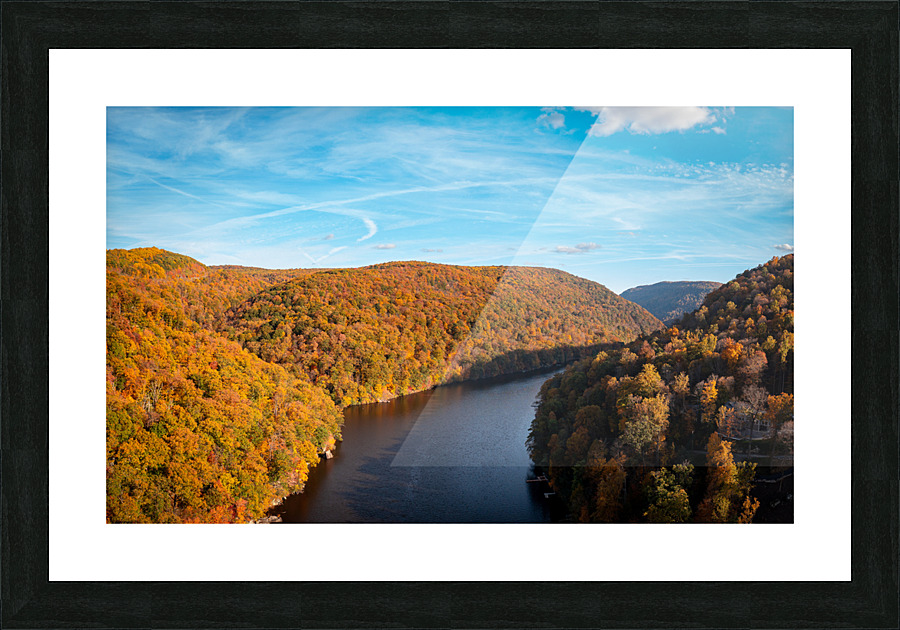 Autumn view of the Cheat river entering the lake in Morgantown WV Frame print
