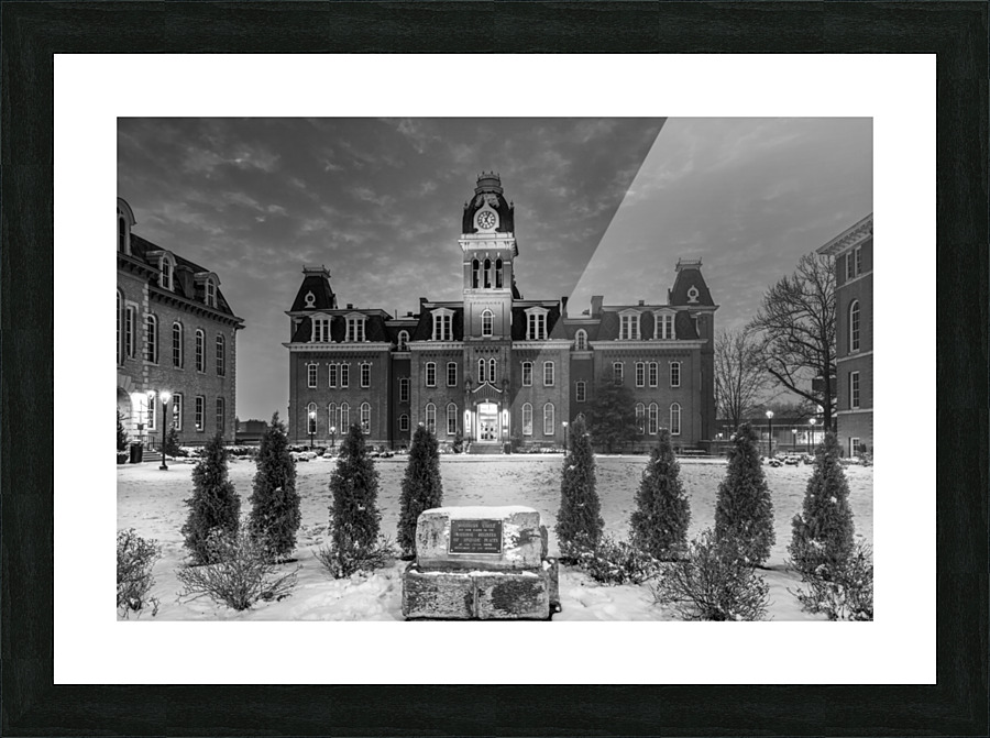 Black and White Woodburn Hall at West Virginia University  Framed Print Print