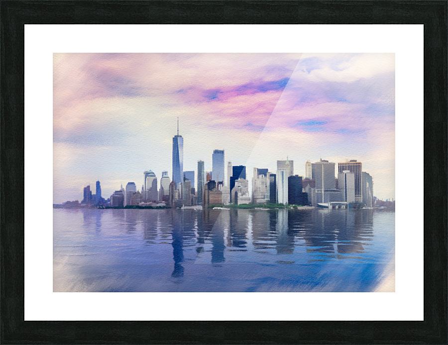 Pastel digital painting of panorama of Manhattan with calm water Picture Frame print