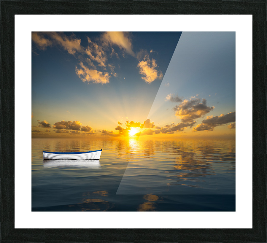 White rowing boat adrift on open ocean drifting to sunset  Framed Print Print