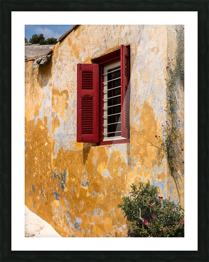 Red shutters on window in Anafiotika in Athens  Framed Print Print