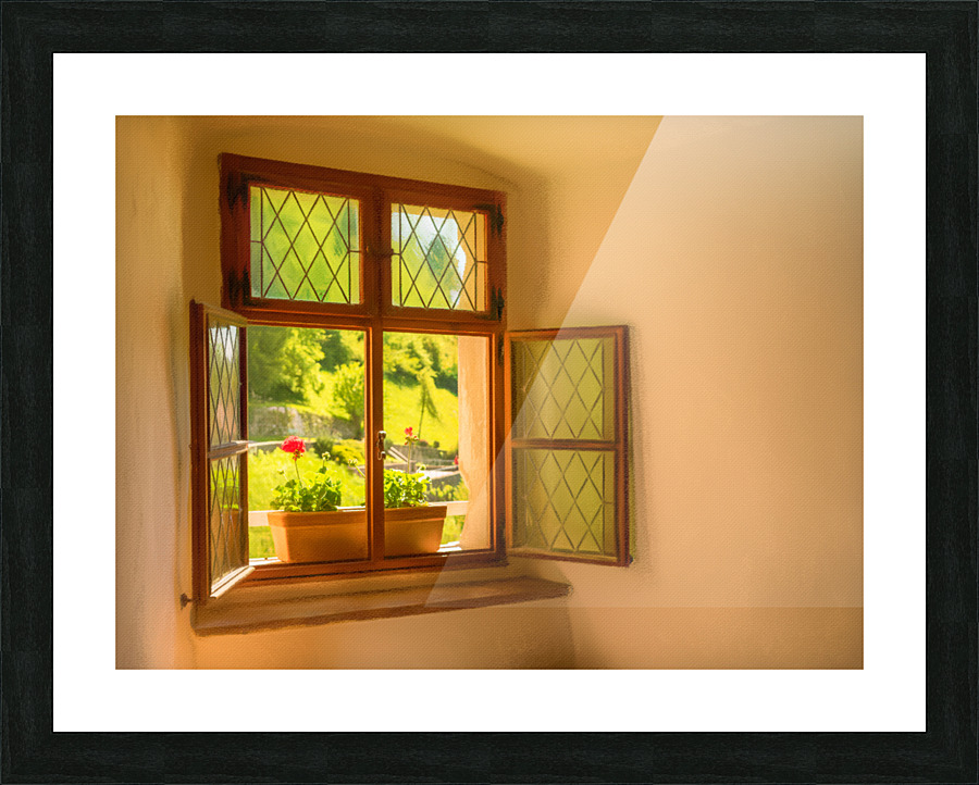 Window and seat in old castle in Slovenia Picture Frame print