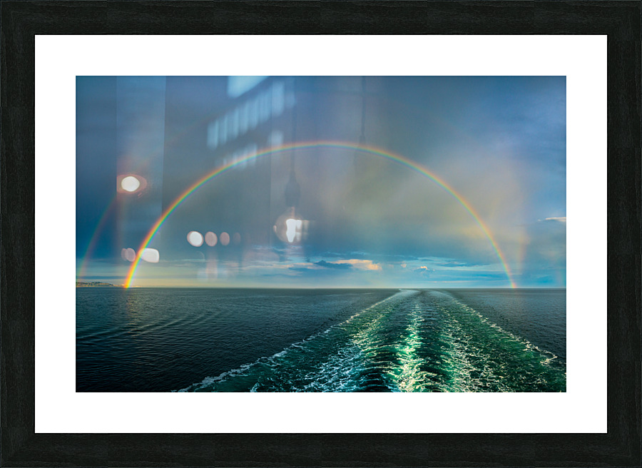 Dramatic double rainbow over wake of ship Picture Frame print