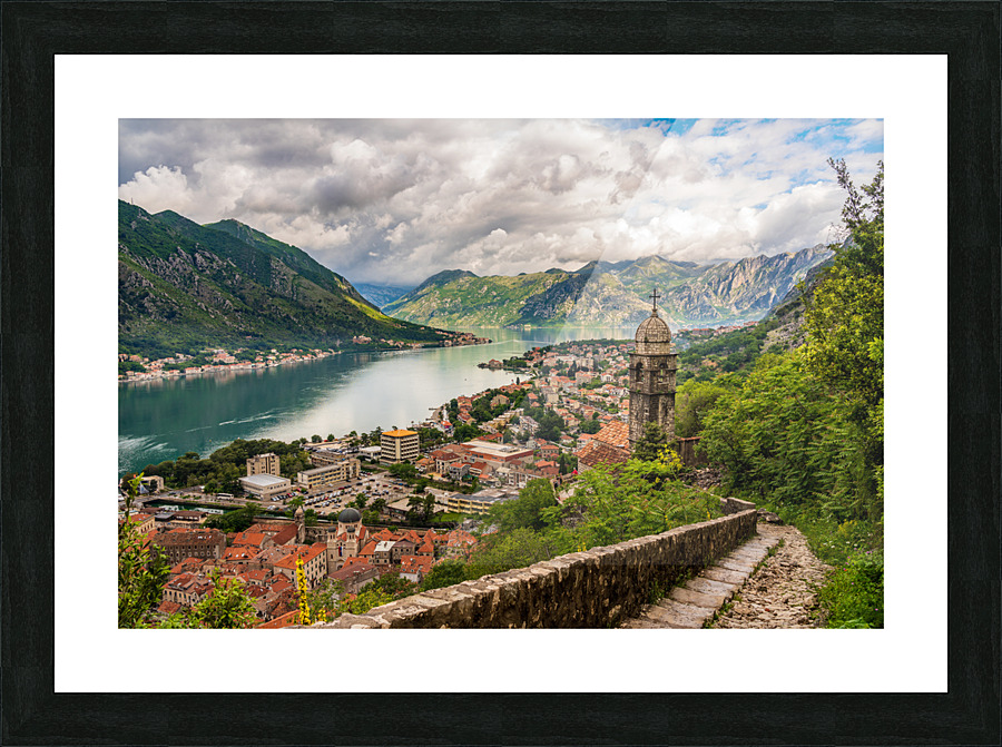 Steep path by church above Old town of Kotor Picture Frame print