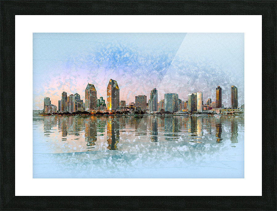 Sketch of San Diego Skyline at sunset  Picture Frame print