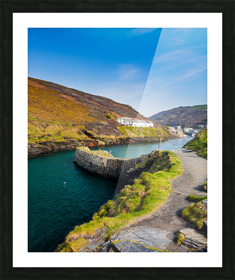 Narrow path in front of colorful harbor in Boscastle  Framed Print Print