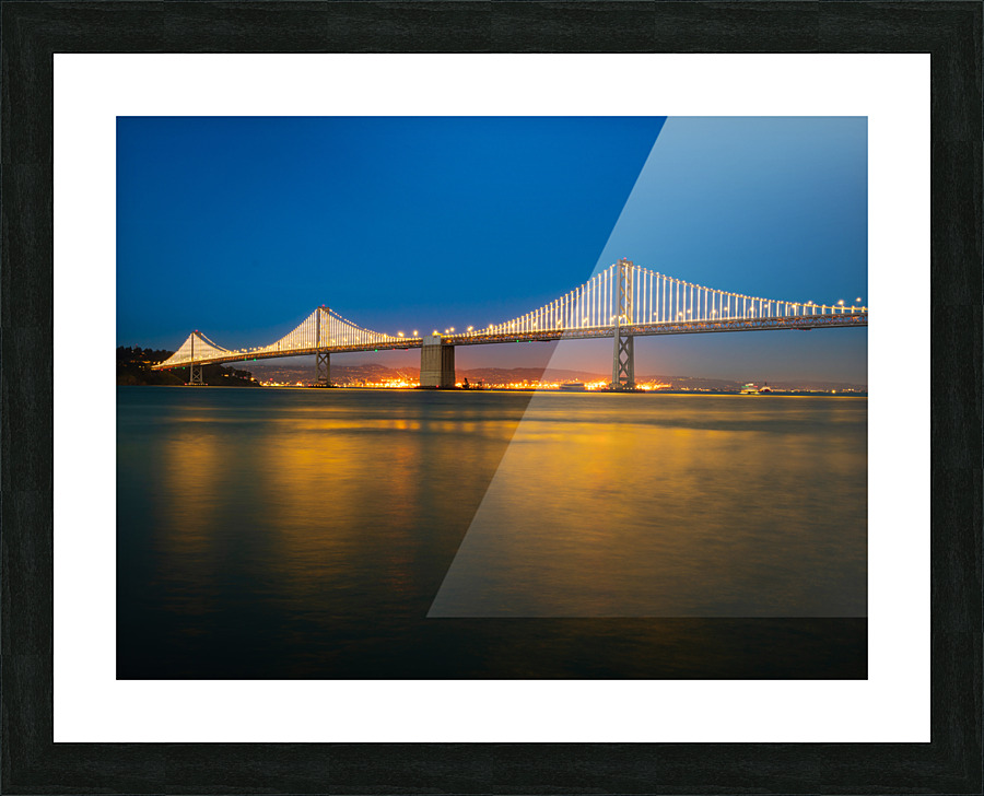 San Francisco Bay bridge illuminated at night Picture Frame print