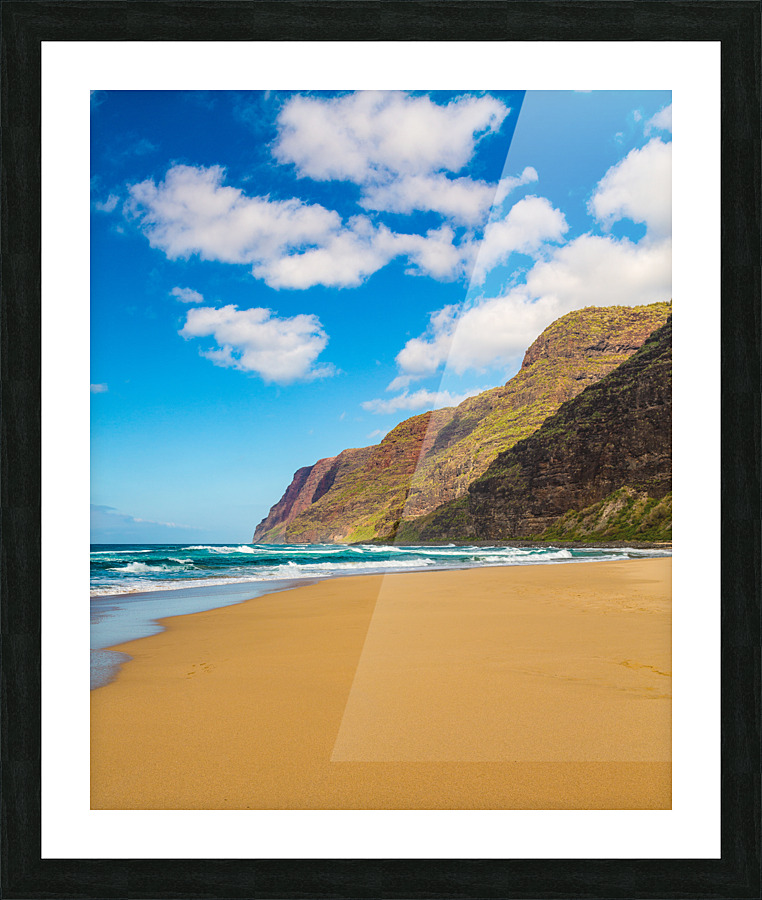 Empty sand and cliffs Polihale beach  Framed Print Print