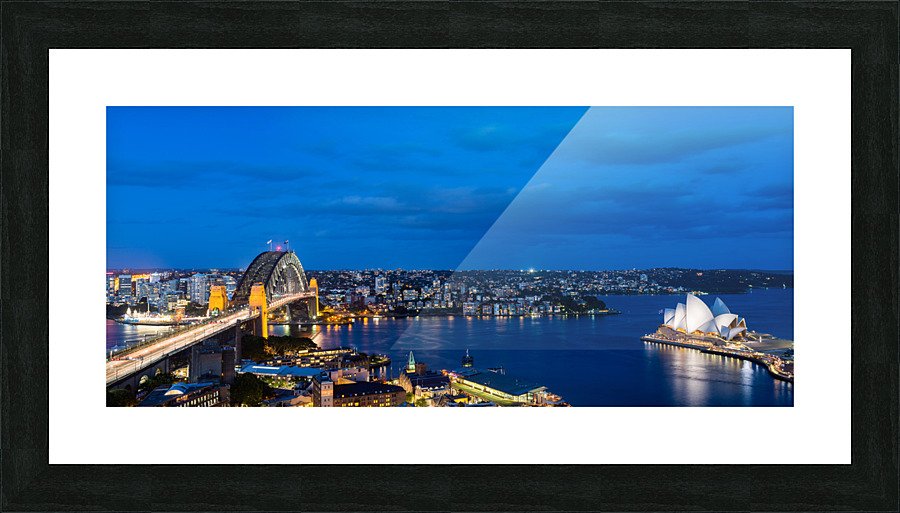 Dramatic panoramic night photo Sydney harbor  Framed Print Print