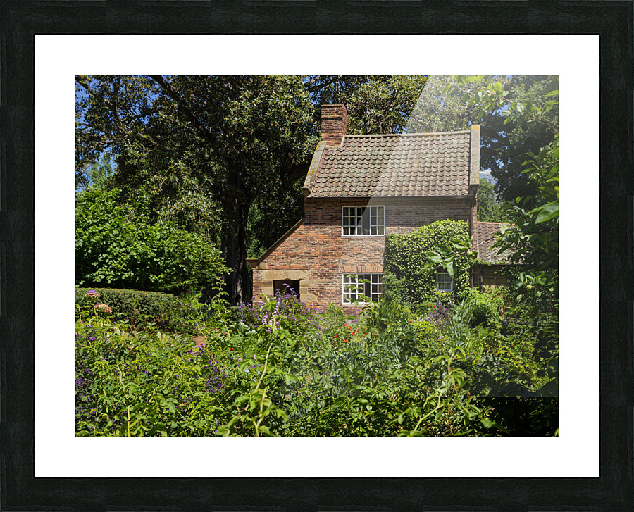 Cottage garden of small brick home Picture Frame print