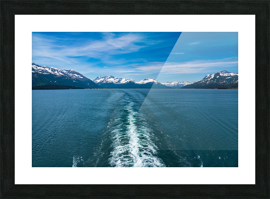 Cruise boat wake leaving town of Valdez in Alaska Picture Frame print