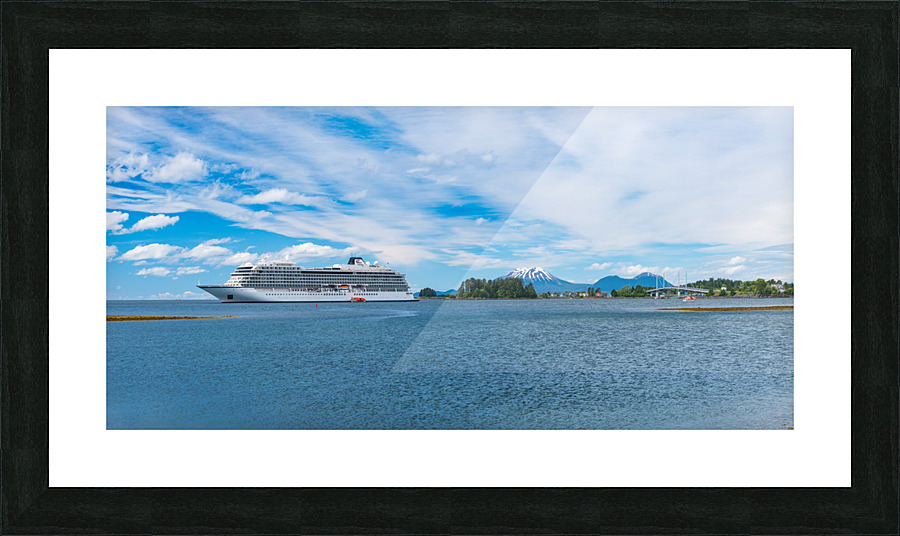 Mt Edgecumbe rises above Sitka with Viking cruise ship anchored  Framed Print Print