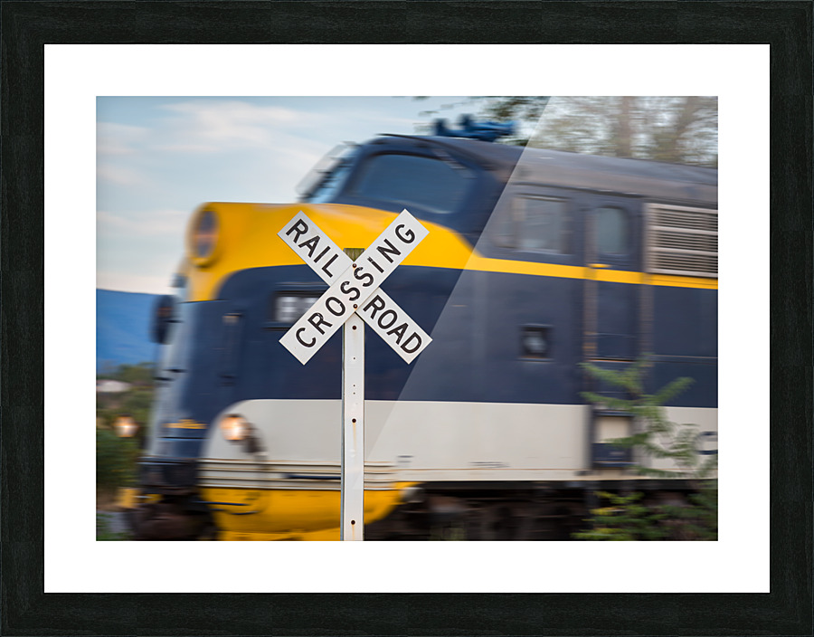 Diesel engine with railroad crossing sign  Framed Print Print