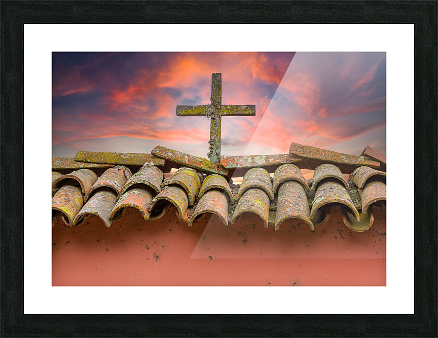 Wooden cross against brilliant sunrise at mission in California Frame print