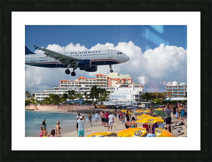 US Airways plane lands at Princess Juliana airport St Martin Picture Frame print