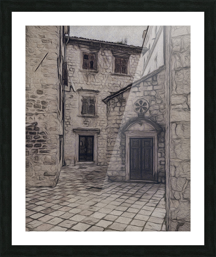 Narrow streets in Kotor in charcoal  Framed Print Print