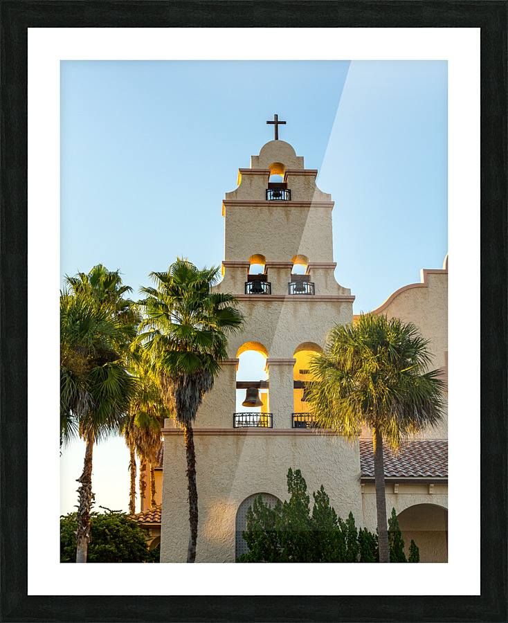Spanish mission style church tower at sunset  Framed Print Print